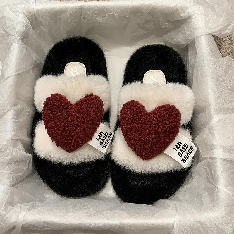 Premium thick bottom fluffy slippers women wear new autumn and winter Internet celebrity peach heart plush heightening cotton slippers
