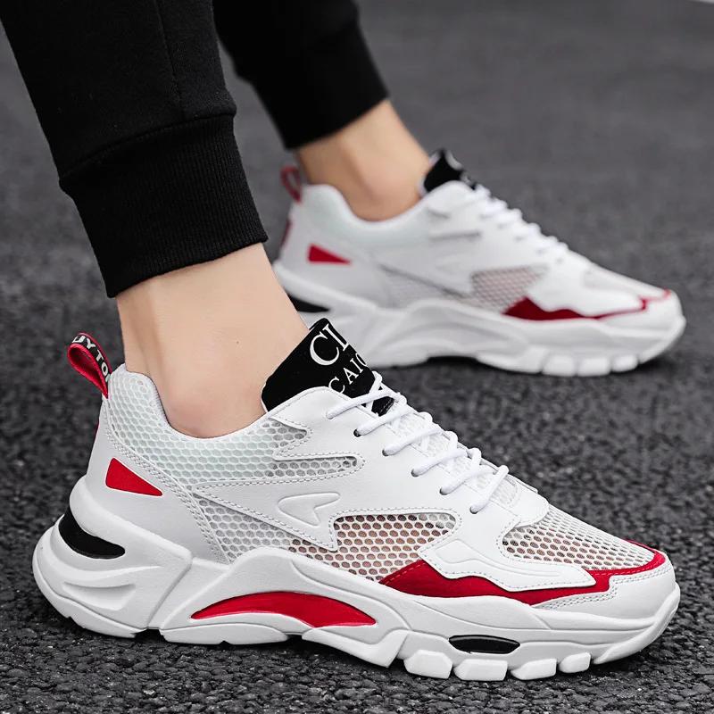 Men's White Mesh Platform Sneakers Breathable Summer Lace Up Casual Shoes Lightweight Fashion Sports Footwear