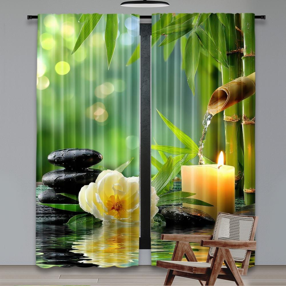 2D Flat Printing 2pcs Curtain Window Drapes Bamboo Serenity Scene Digital Printed Polyester Drapes Festive Wall Decor Perfect