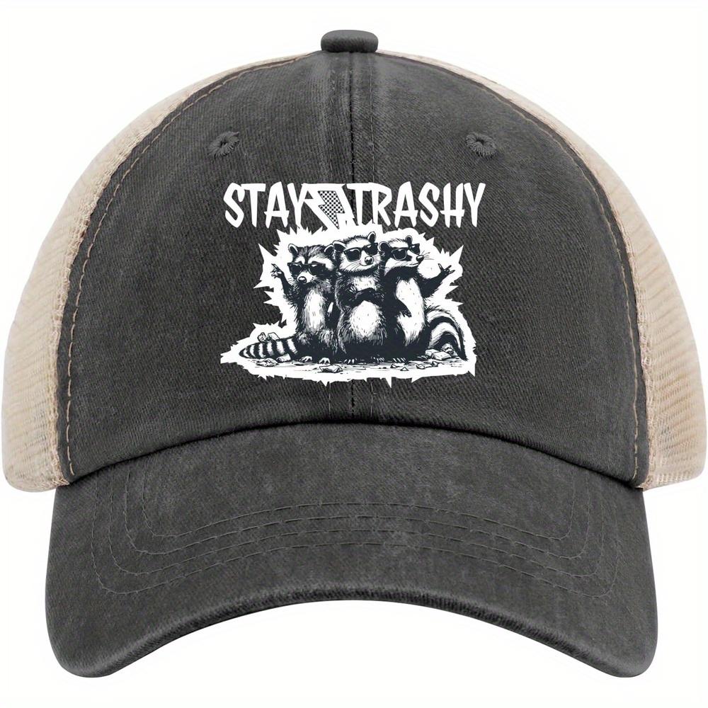 Funny Raccoon  Stay Trashy  Baseball Cap Two Raccoons Trash Cans Graphic Black Mesh Back Breathable Unisex Casual Beach Hat One Size