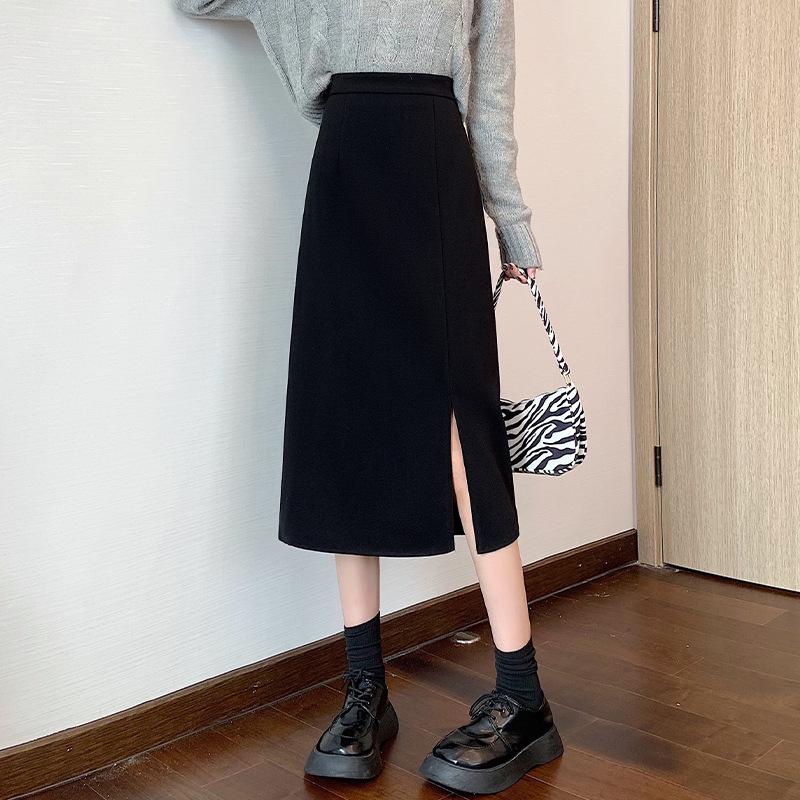 Women's Spring/Summer Coffee & Black Slit Bodycon Midi Skirt