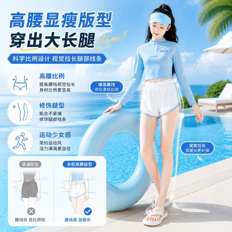 Girls UV Protection Long Sleeve Two-Piece Swimsuit Swimming Pool Beach Water Sports Quick Dry Modest Swimwear