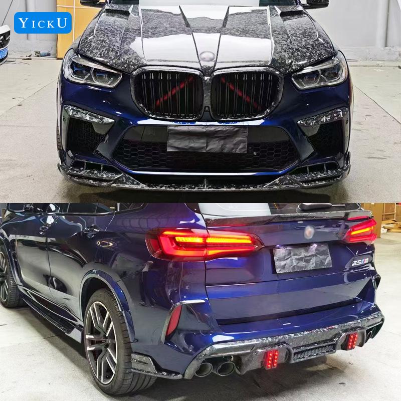 BMW X5M F95 Carbon Fiber Body Kit: Front Lip Splitter, Rear Lip, Side Skirts, Wind Deflectors, Tail Wing with Lights.