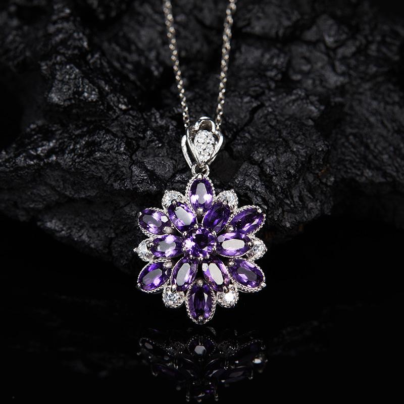 S925 Sterling Silber Natürlicher Citrin Peridot Farbiger Schatz Halskette Damen Premium Dreidimensionaler Blumen Anhänger