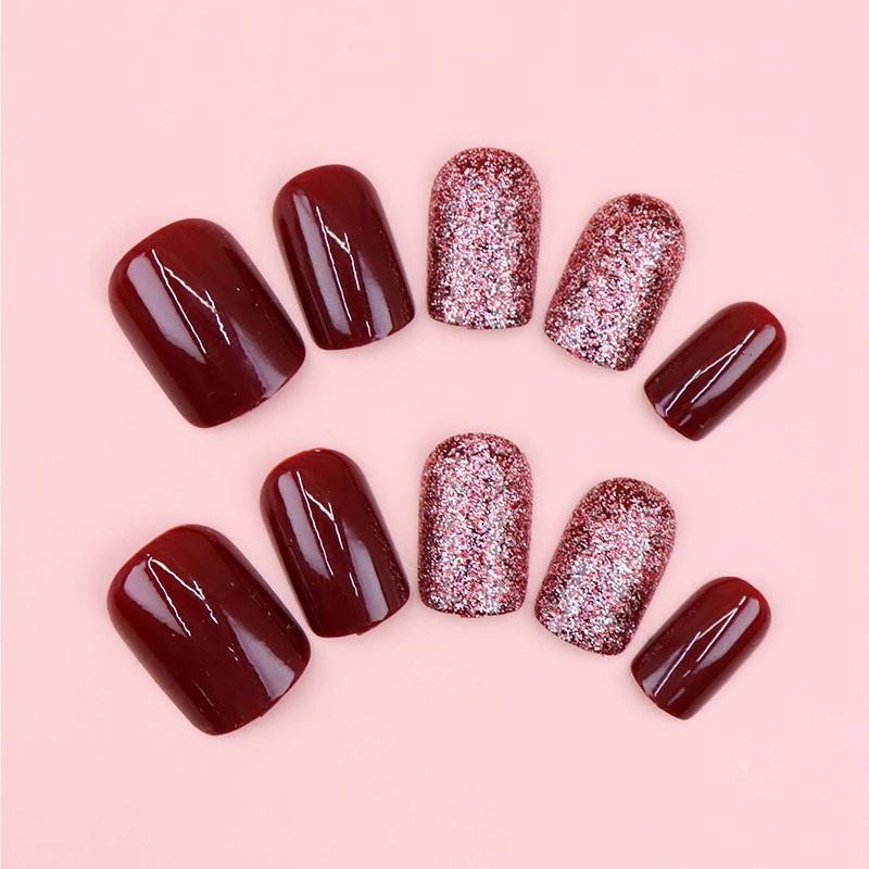 24 Pieces burgundy glitter explosive glitter temperament manicure  style autumn and winter temperament white  manicure wear nail