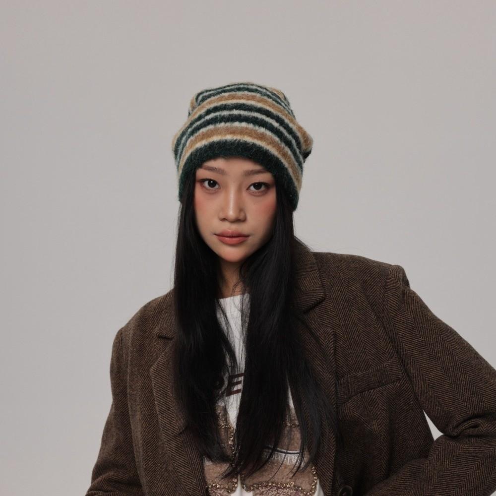 Plush Warm Skullies Hat Striped Ski Ear Protection Cap Unisex Knitted Beanies