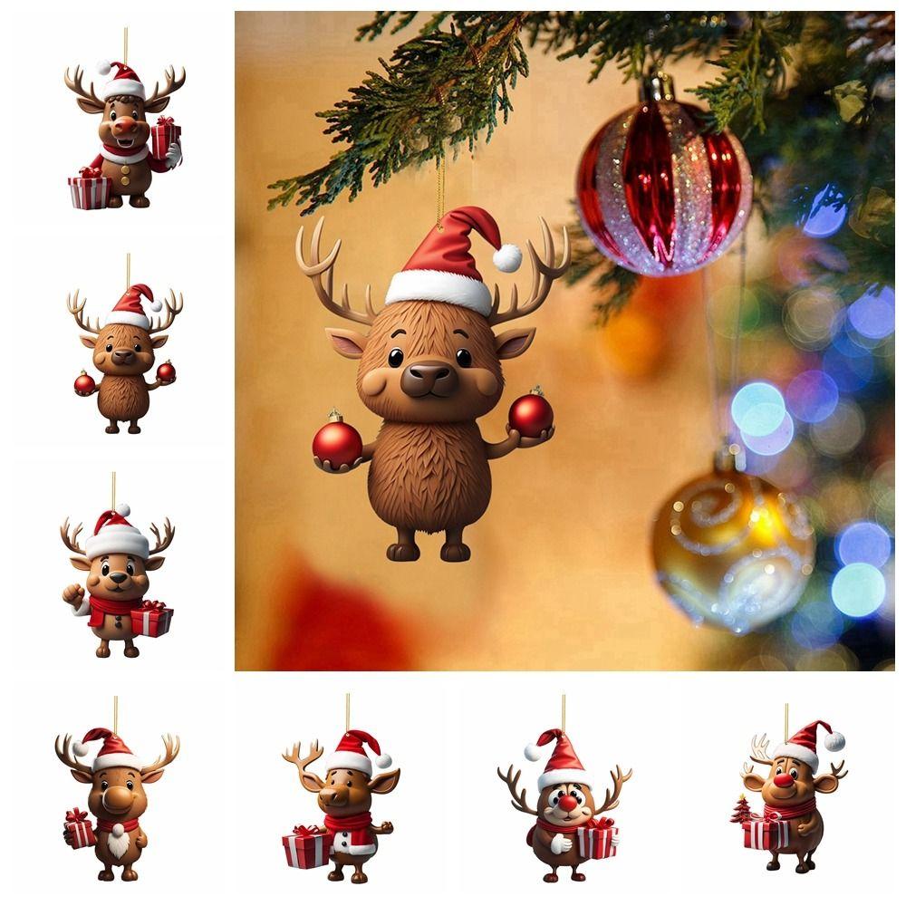 Cartoon Elk Hanging Oranments 2D Acrylic Christmas Elk Fashion Xmas Tree Elk Pendants  New Years