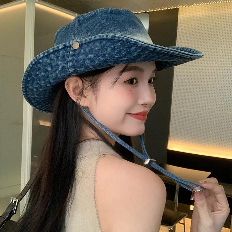 Cowboy Gradient Wtempo Tiedye Distressed Hats Womenspring Summer Denim Bucket Hats Casual Thick Patchwork Climbing Cap