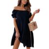 Off-Shoulder Minikleid Damen Rüsche Elastisch Einfarbig Kurzarm Date-Kleid