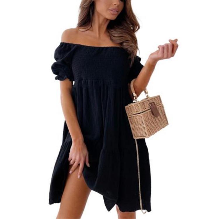 Off-Shoulder Minikleid Damen Rüsche Elastisch Einfarbig Kurzarm Date-Kleid
