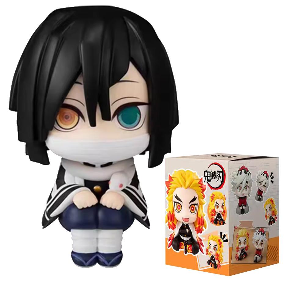 4PCS Demon Slayer Chibi Anime Figures Set Kawaii Rengoku Obanai Sanemi Douma Mini PVC Sitting Statues Collectible Toys