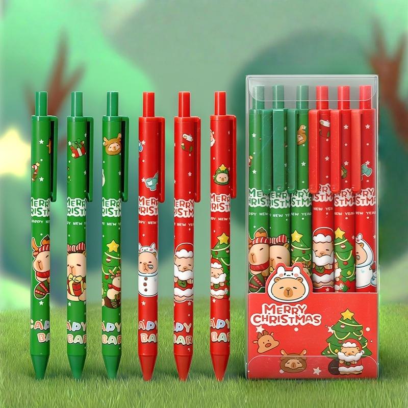 6 Stück/Set Niedliche Weihnachtskaribara Stifte Cartoon Weihnachtsmann Schneemann Elch Drück-Gelschreiber Büro Schulbedarf Weihnachtsgeschenke