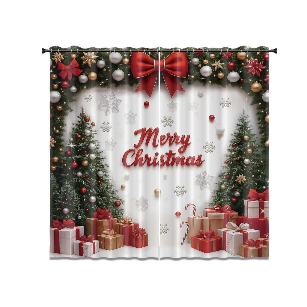 Set Of 2 Happy Christmas Tree Printed Perforated Curtains Multi Size Living Room Insulation Festival Decoration Curtain With Light Blocking Polyester