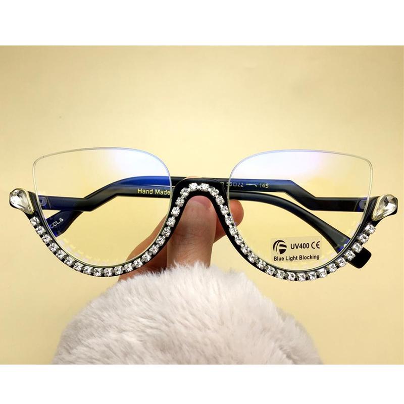 Transparent Diamond Cut Cat Eye Readers For Women Stylish Anti Blue Light Half Frame Rhinestone Glasses Premium Designer Style Eye Glasses