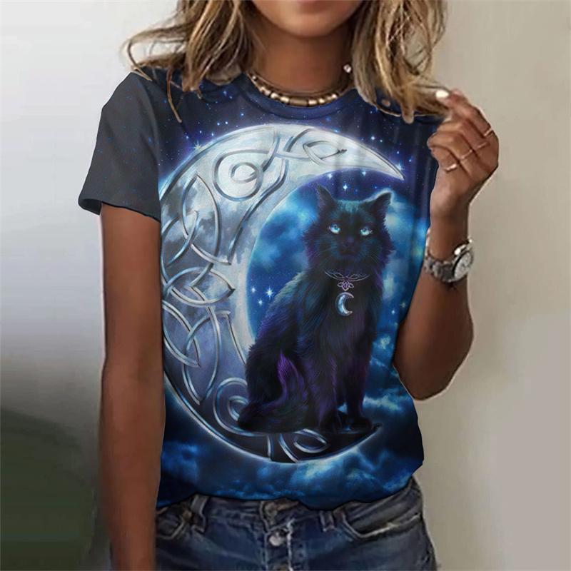 3D Printed Night Cat T-Shirt For Women Colorful Starry Sky Graphic Tees Summer Casual T Shirts Short Sleeves Round Neck Tops