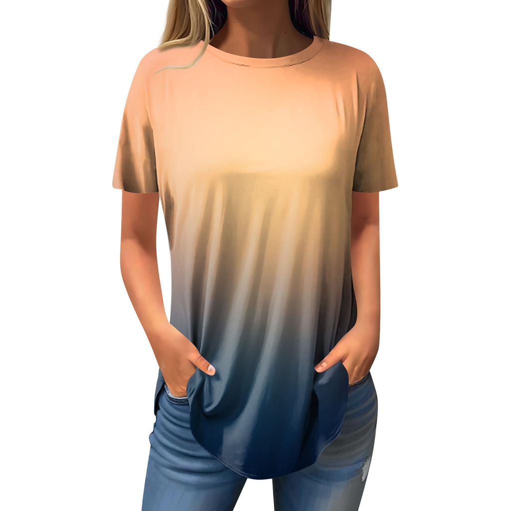 Women's Fashion Casual Round Neck Gradient Printed Short Sleeve Pullover T-Shirt Top