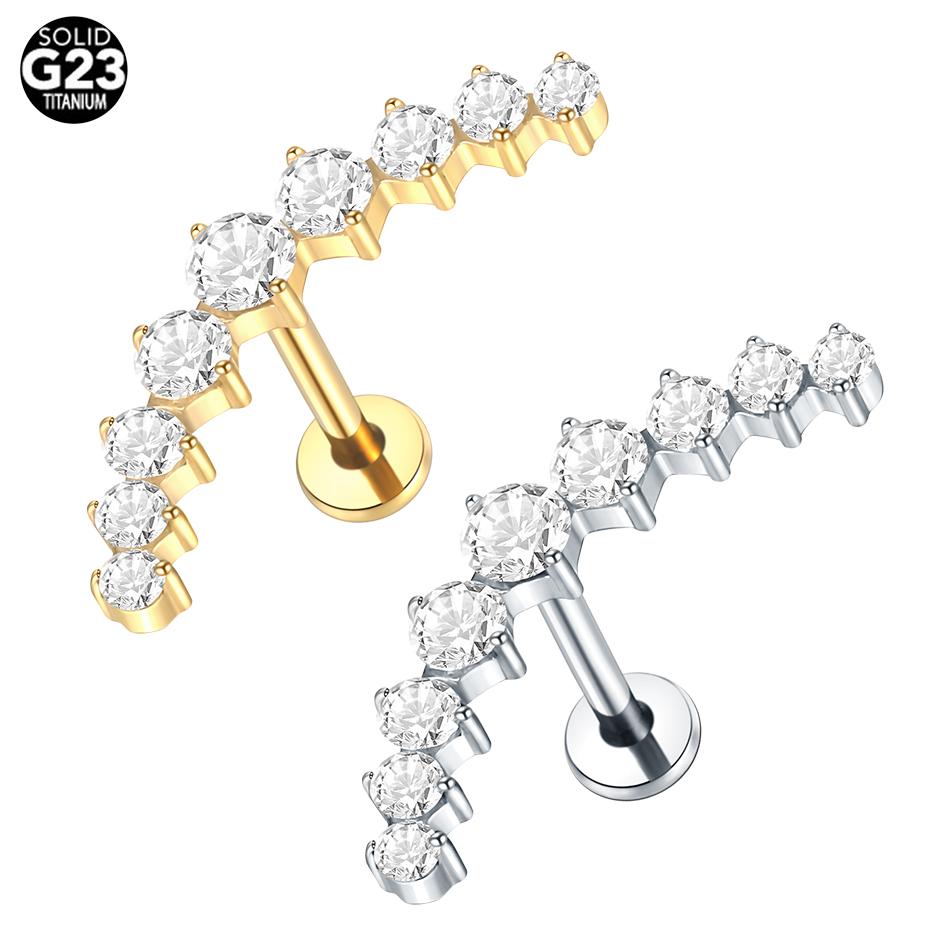 1PC G23 Titanium Ear Labret Piercings Flat Back Earrings Crystal Cluster Helix Tragus Pirsing Cartilage Lobe Piercing Jewelry