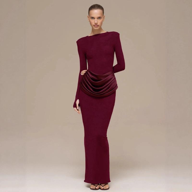 Autumn and Winter New Solid Color Temperament Celebrity Long-sleeved Slim-fitting Pleated Hip-wrapped Dress