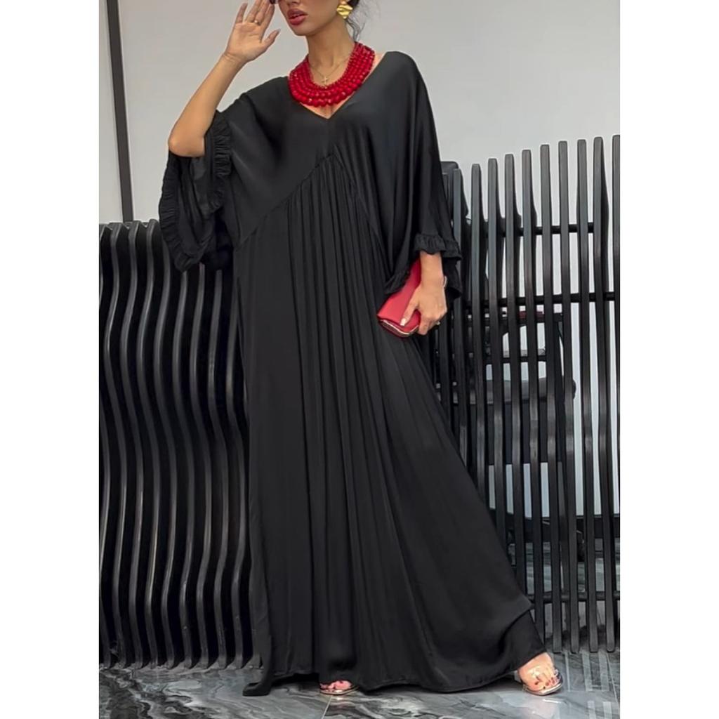 Summer Women's Fashion Casual Satin Ruffle Sleeve Ruched Long Maxi Dress for European American