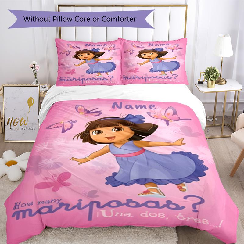 Dora Explorer Customize Your Name Bedding Set Breathable Duvet Cover with Pillowcases Home Decoration Birthday Gift