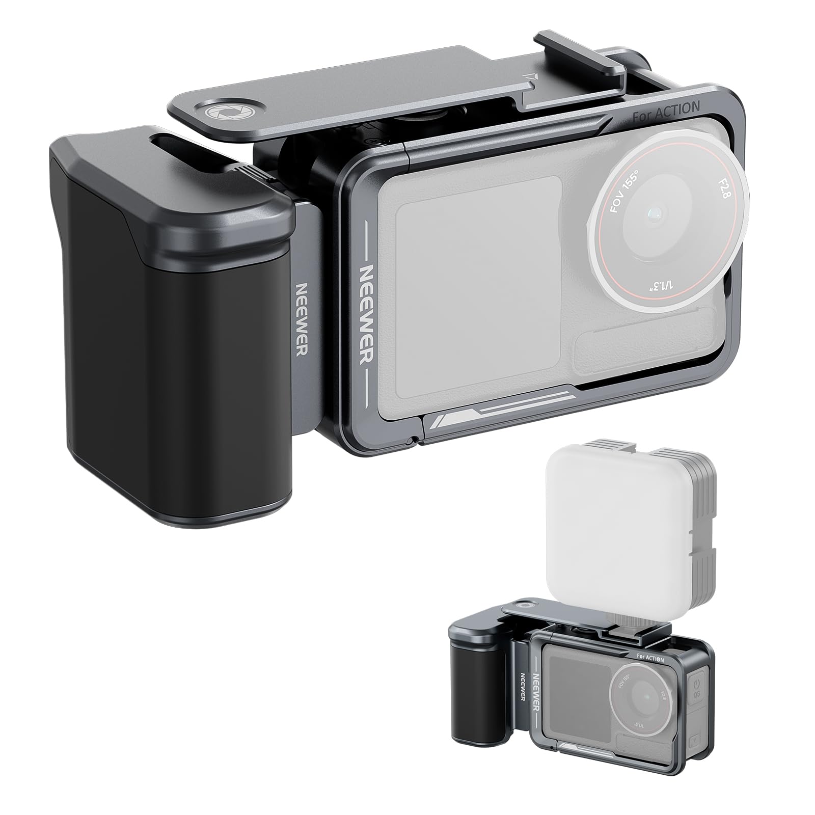 NEEWER Action Camera Cage Kit AC014+AC034 Dark Gray with Side Handle Magnetic Adapter Mount Cold Shoe Shutter Extension Rod Compatible with Osmo