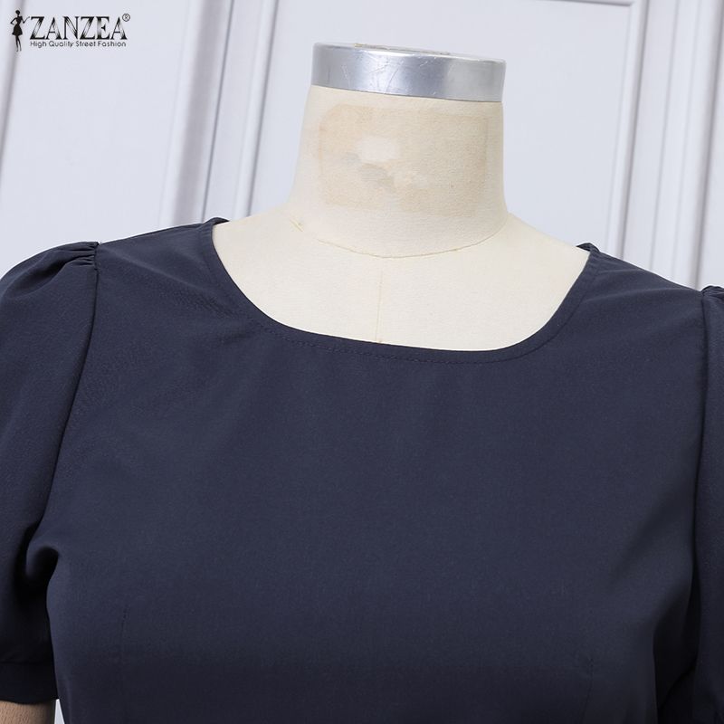 ZANZEA Women Casual Round Neck Short Sleeve Stripe Splice Dress