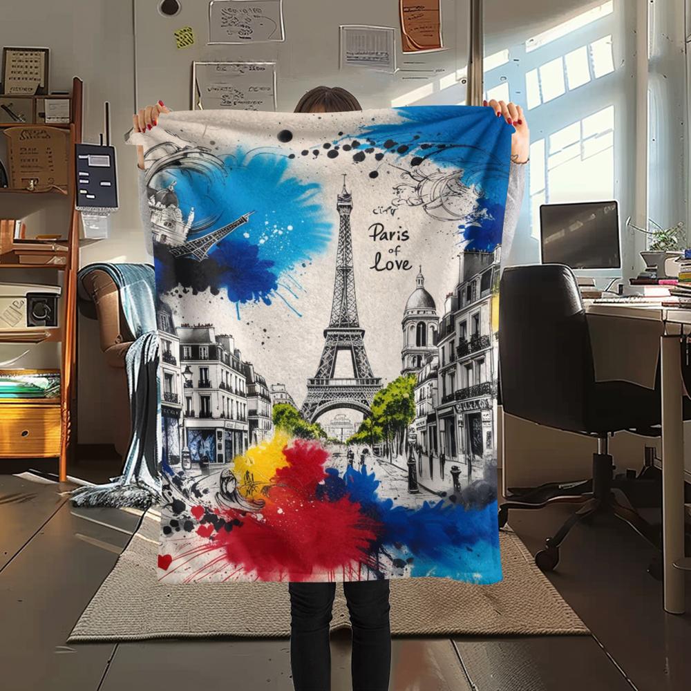 1Pc Eiffel Tower Art Print Flannel Blanket, High quality Comfortable for All Seasons, Home Decor, Warmth and Comfort, Perfect for Gifts