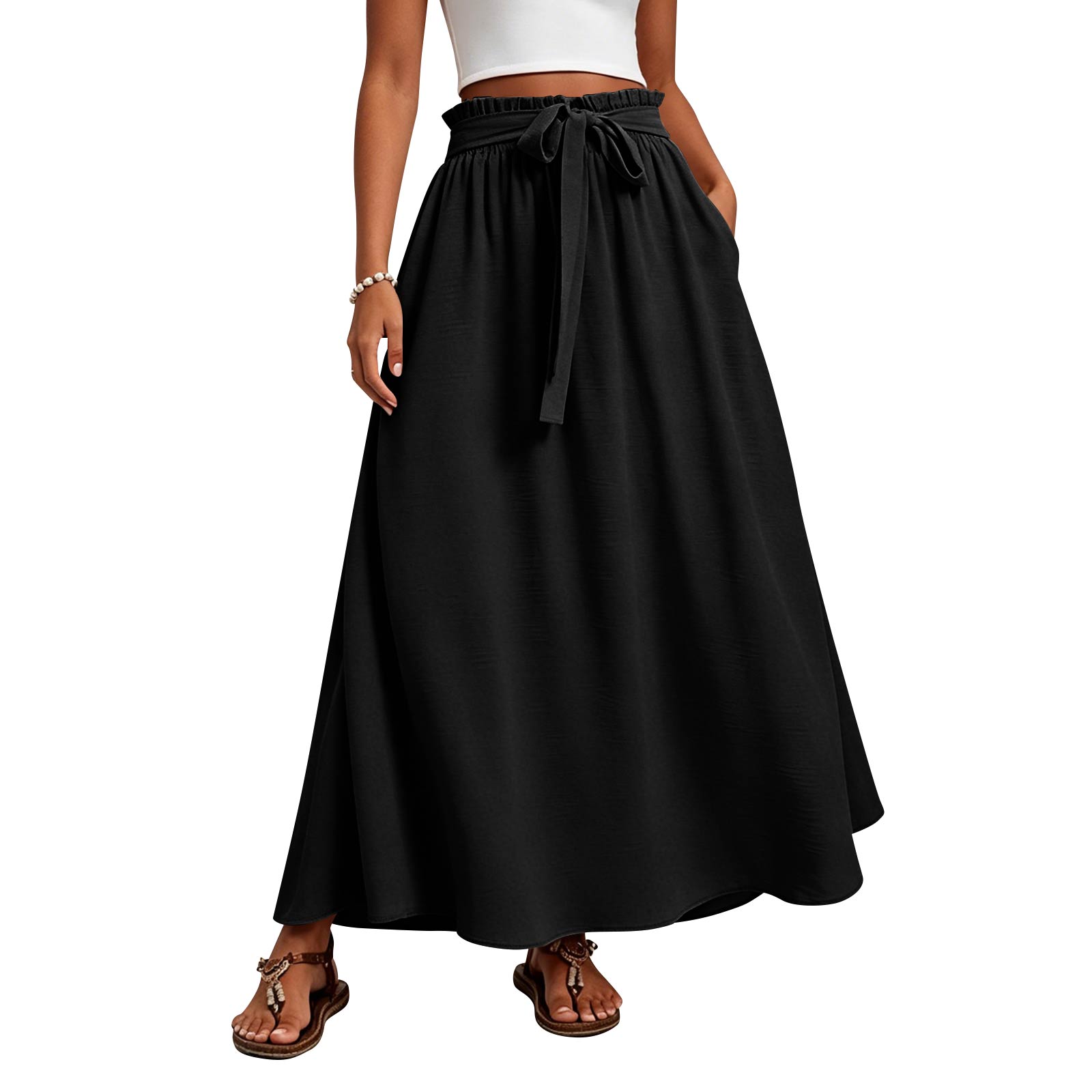 

Women s High-Waisted Flowy A-Line Skirt With Tie-Waist, -Color Summer Dress With Elastic Waistband L чёрный