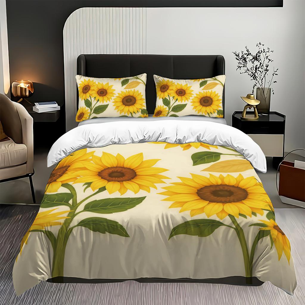 Dreiteilige Sonnenblumen-Bettwäsche mit Sandfinish, Blumendeckenbezug, Digitaldruck-Bettwäscheset