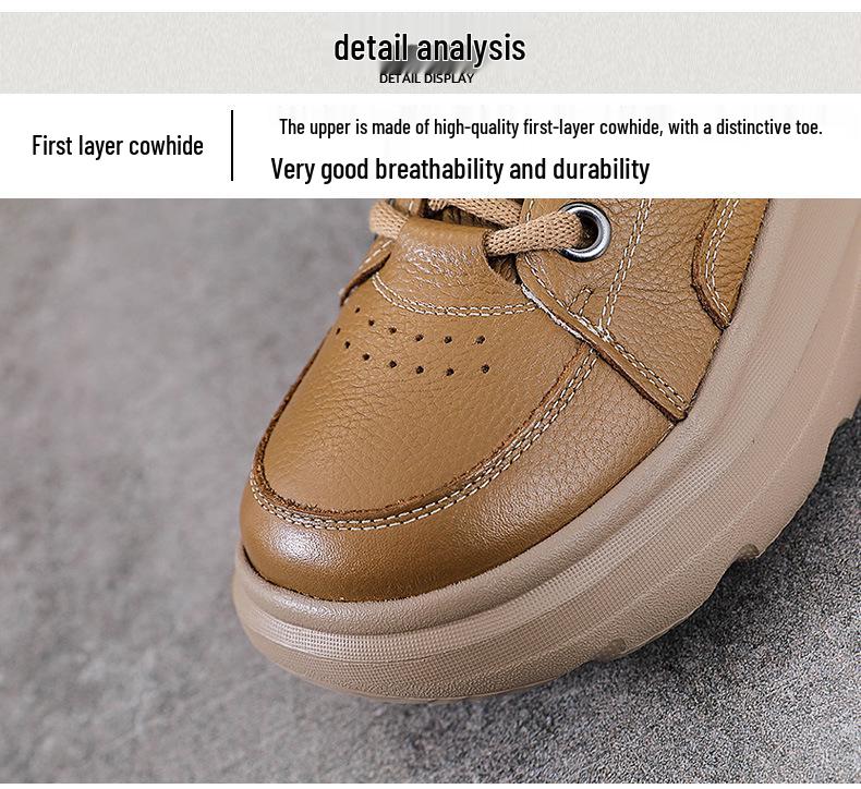 Women's Genuine Leather Retro Lace-Up Sneakers with Thick Soles - Spring Casual Cowhide Loafers