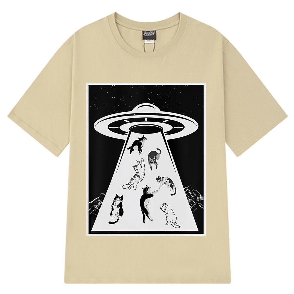 Funny UFO Cat Alien Abduction Cats  Novelty Graphic Tees Men Women Vintage T-shirt Short-sleeved Cotton Fashion Casual T-shirts