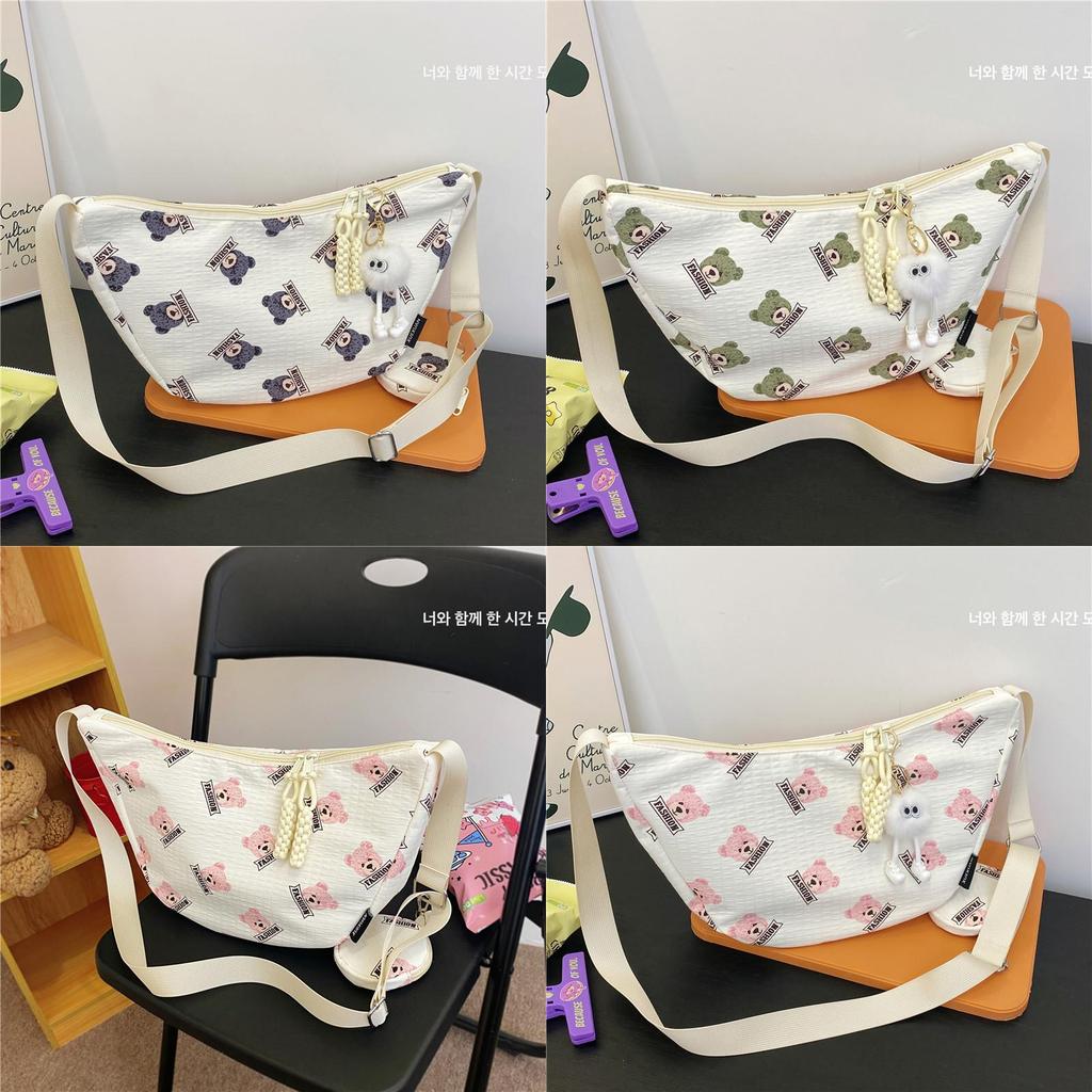 Cute Bear Print Cotton Shoulder Bag For Daily Use With Zipper Closure And Mobile Pocket