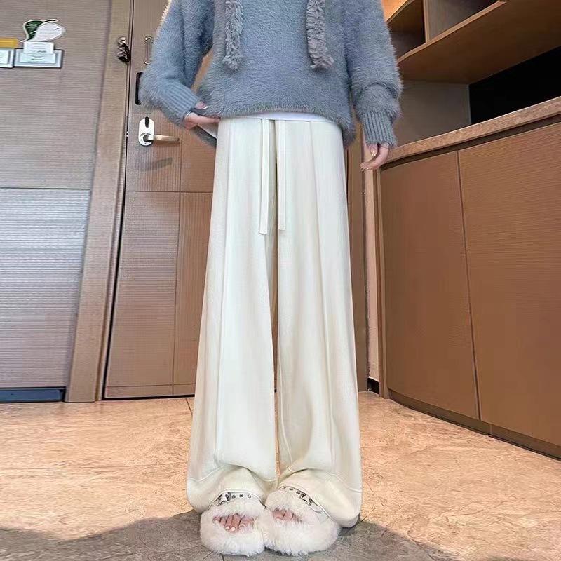 Autumn/winter new solid color simple straight-leg knit pants for women, elastic high-waist, versatile solid-color wide-leg pants