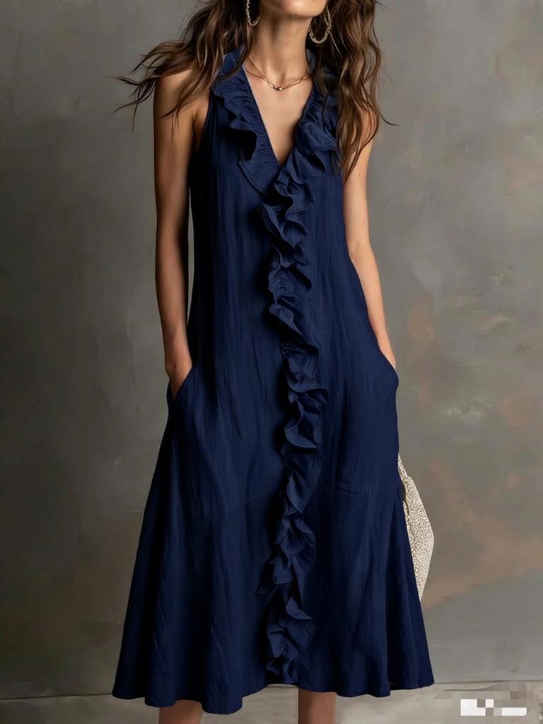 Spot women's clothing spring and summer new solid color sleeveless cotton and linen V-neck large pendulum ruffle edge dress