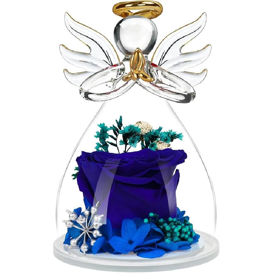 Preserved Flowers Rose in Glass Angel Figurines,Birthday Gifts for Women,Christmas Rose Gifts for Her Women Mom,Valentines Present,Purple Flowers for