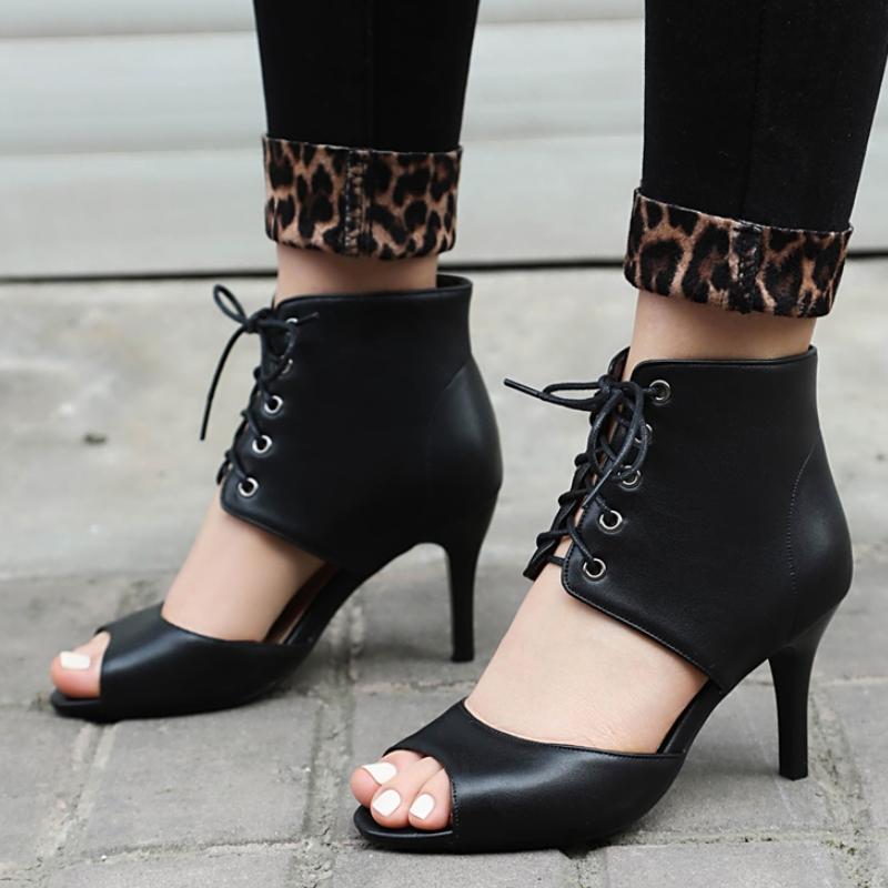 Women's Sandals Summer Shoes 2025 Buckle Cut-outs Black White High Heels Ankle Boots Female Peep toe Party Jazz Dance Shoes