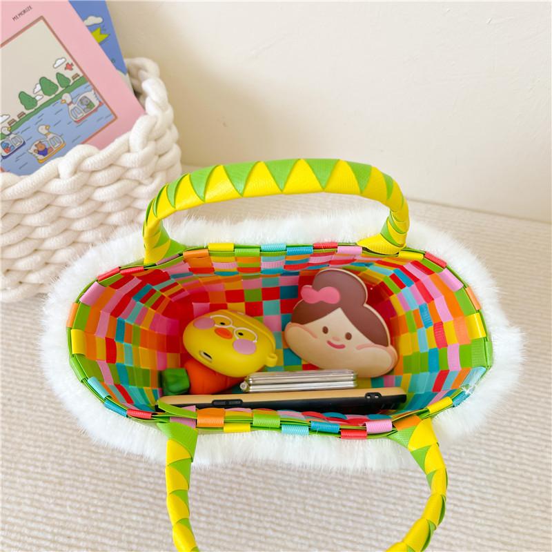 Stylish Children's Woven Handbag Colorful Crochet Tote Bag For Girls With Floral Design
