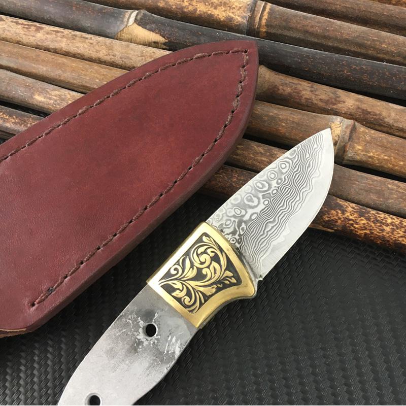DIY Semi-finished VG10 Damascus Steel Fixed Blade Knife Billets - Edged Blade with Copper Umbrella Hole