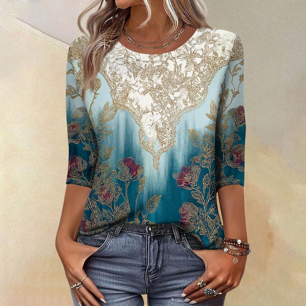 Módní vintage top s 3/4 rukávem pro ženy, dámská ležérní halenka s tříčtvrtečním rukávem a kulatým výstřihem s potiskem