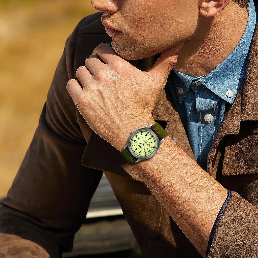 Arabic Luminous Large Nylon Green Men's Watch, Waterproof, Luminous Numerals, Exquisite, Analog, Outdoor, 24-hour Pointer, Quartz, Dial, Simple,