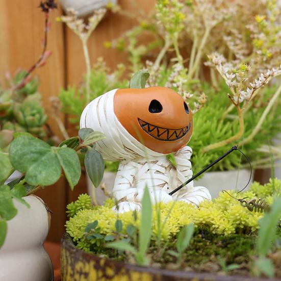 Fishing Pumpkin Man Figurine Resin Pumpkin Head Bandage Man Sculpture Angler Pumpkin