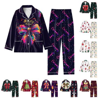 Child 2 Piece Christmas Day Printed Suit Long Sleeve Button Up Top Wide Leg Pants Suit Set Pajamas Home Casual Suit
