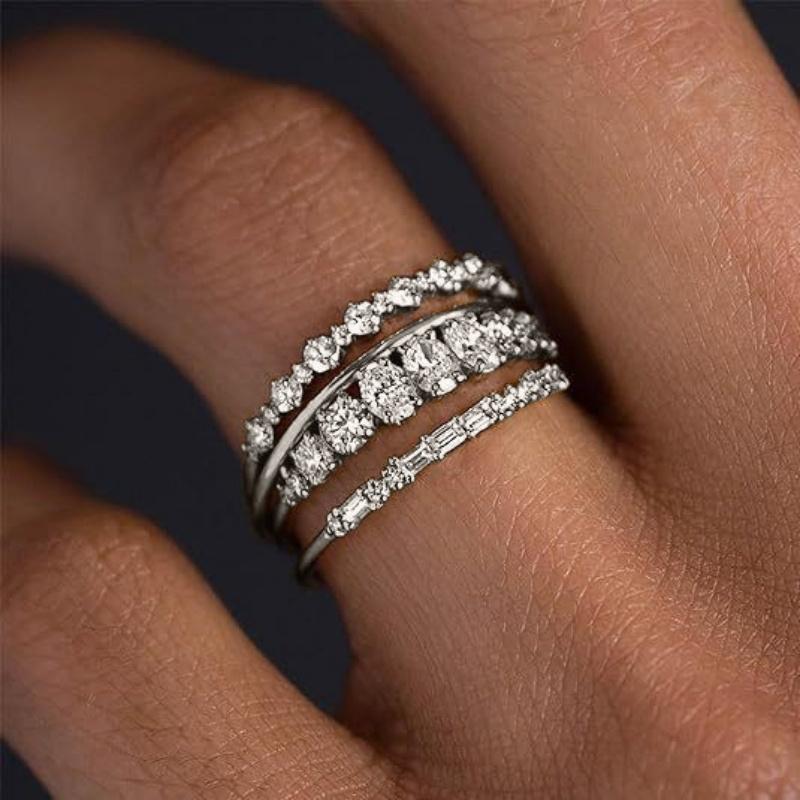 2025 New Gold Plated four piece set Rings For Women Geometric Trendy Cubic Zirconia Jewelry Party Ring  Size 5-11