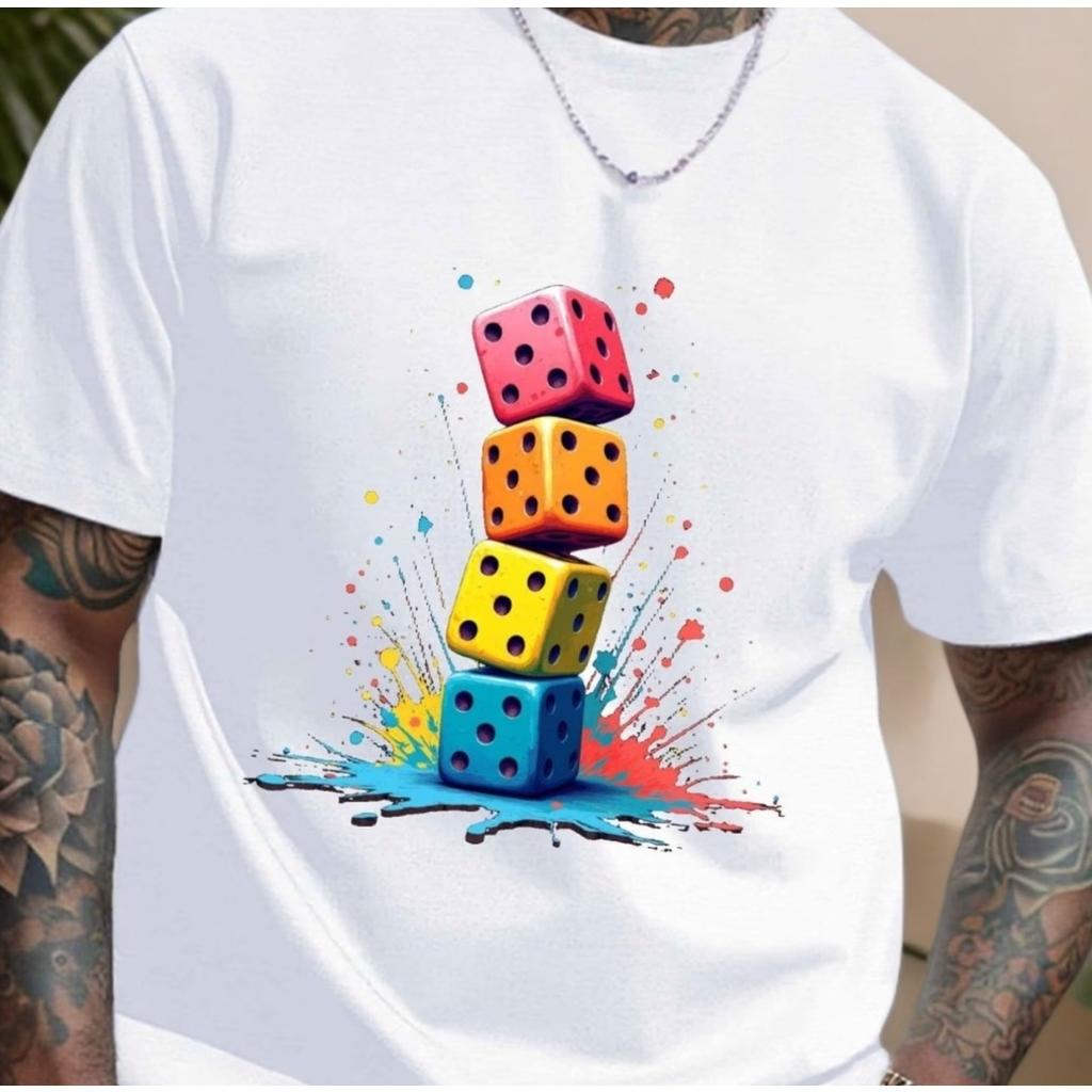 Unisexs White Casual Short Sleeve Tshirt Stacked Dice Print Breathable Round Neck Summer Tee Poker Board Game Parties Tower Des