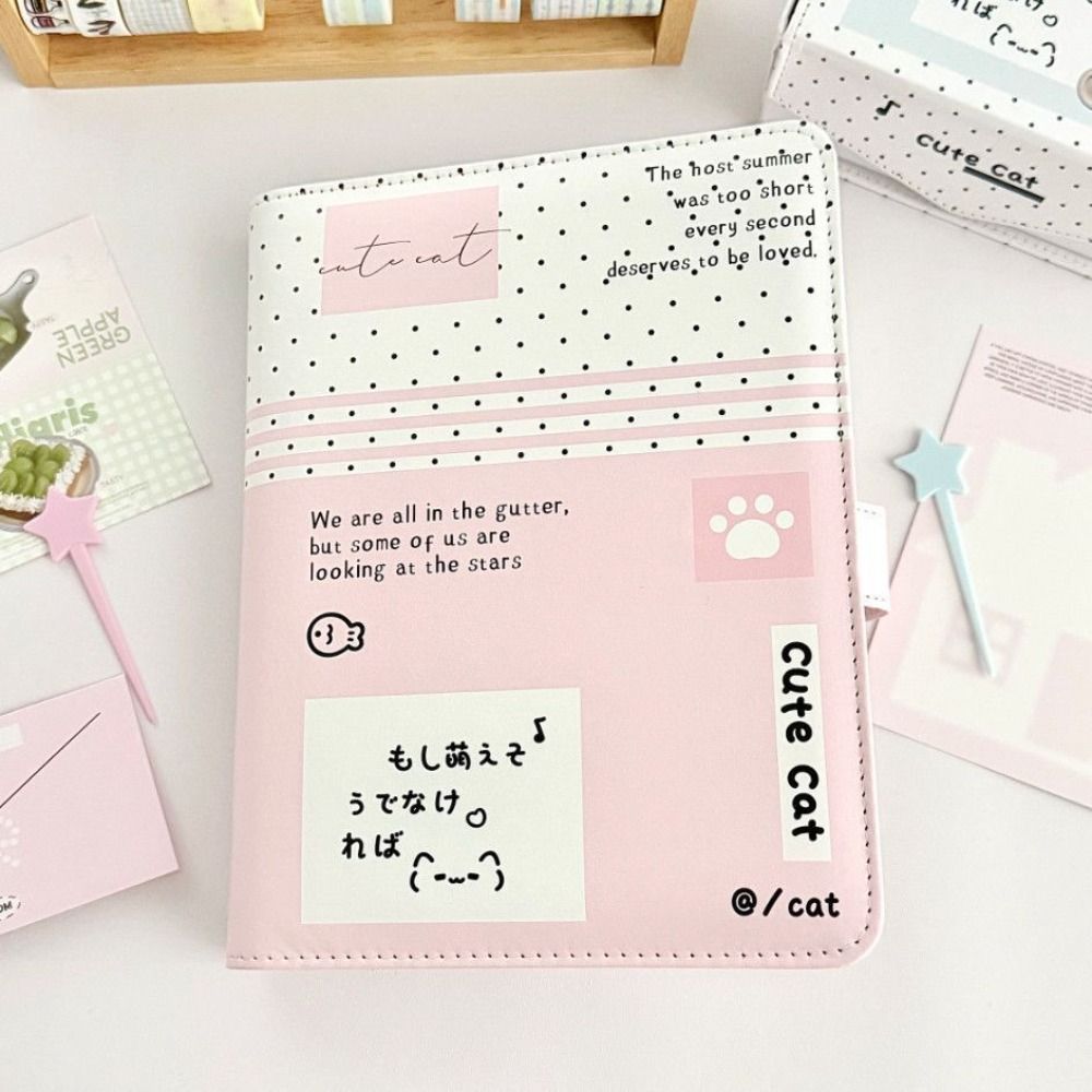 Fashion Portable Kawaii A5 Loose-leaf Notebook PU Leather Polka Dot Cat Photocard Protector Binder Collect Book School Office