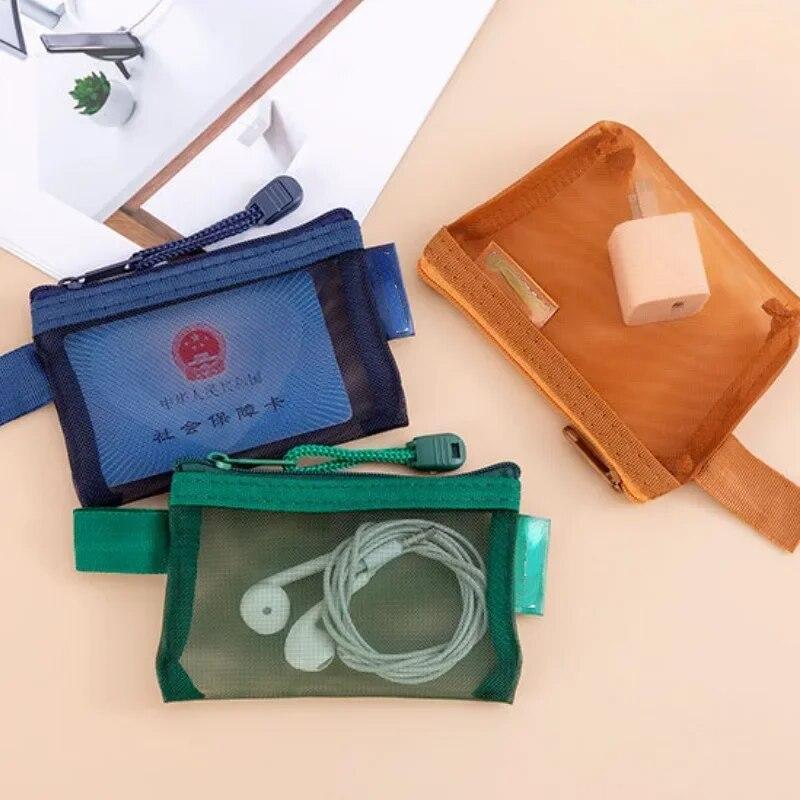 Nueva bolsa retro transparente de malla con cremallera para monedas, organizador de tarjetas de identificación, bolsa portátil para guardar llaves, auriculares, cable de datos, cargador