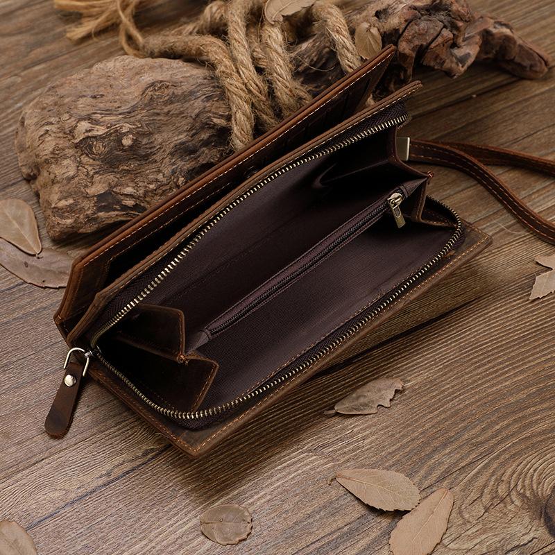 Genuine Crazy Horse Leather Long Wallet for Men Zippered Multi-Card Organizer with High Capacity Design
