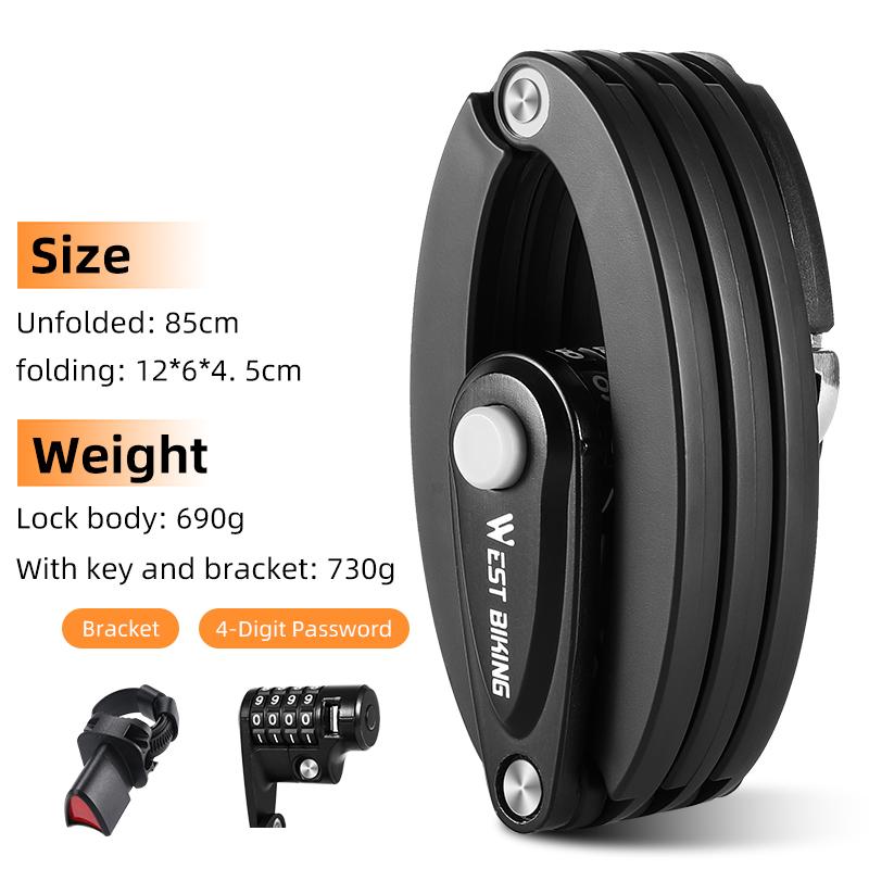 WEST BIKING Anti-Theft Bicycle Folding Lock MTB Road Bike Portable Lock Scooter Ebike Motorcycle Safety Lock Cycling Accessories Password Lock