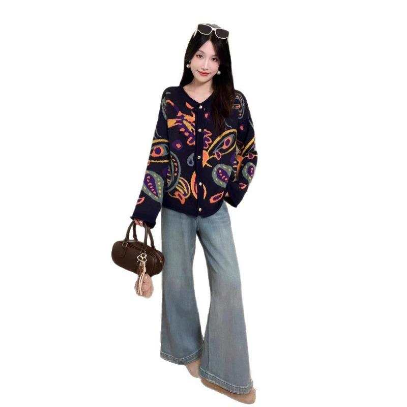 Autumn New Retro Crimped Women's Knitted Top Cardigan Contrasting Color Loose Lazy Wind Sweater Women