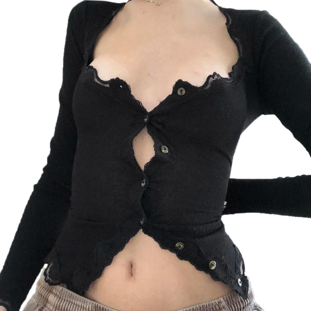 Women´s Crop Tops, Long Sleeve Solid Color Jagged V Neck Lace Hem Button Down Slim Fit Shirt